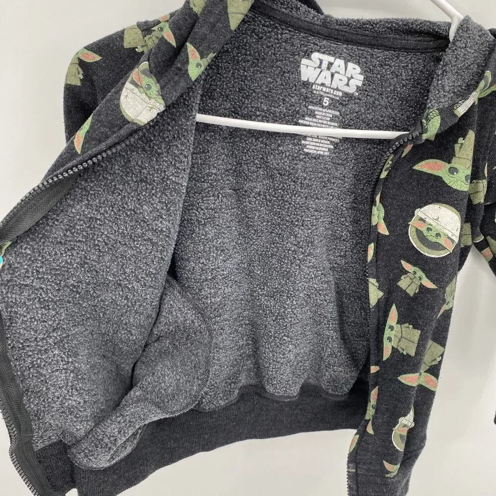 Star Wars Kids Yoda Print Long Sleeve Full Zip Hoodie Sweatshirt Black Size 5
